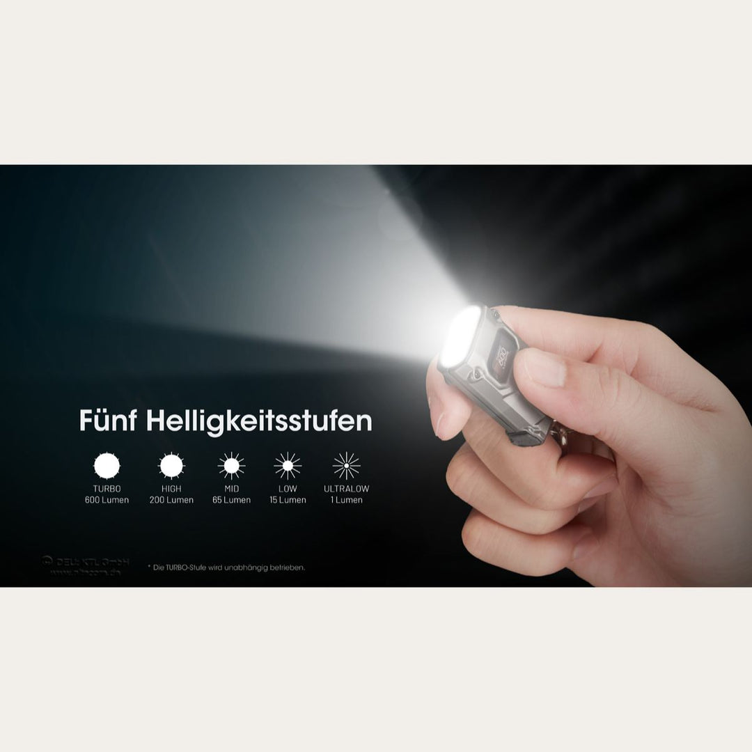 Ultrakleine USB-C Schlüsselanhänger Taschenlampe - 600 Lumen - Tini 3 - Grau