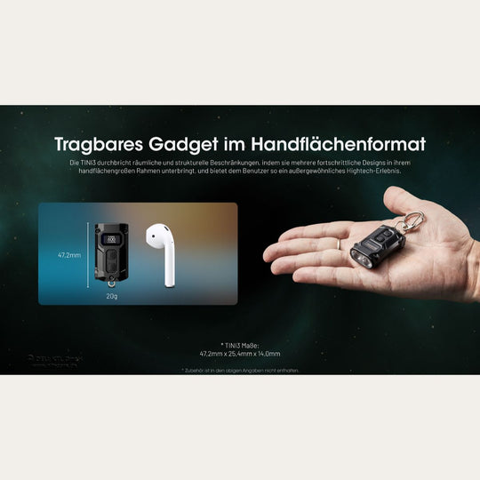 Ultrakleine USB-C Schlüsselanhänger Taschenlampe - 600 Lumen - Tini 3 - Grau