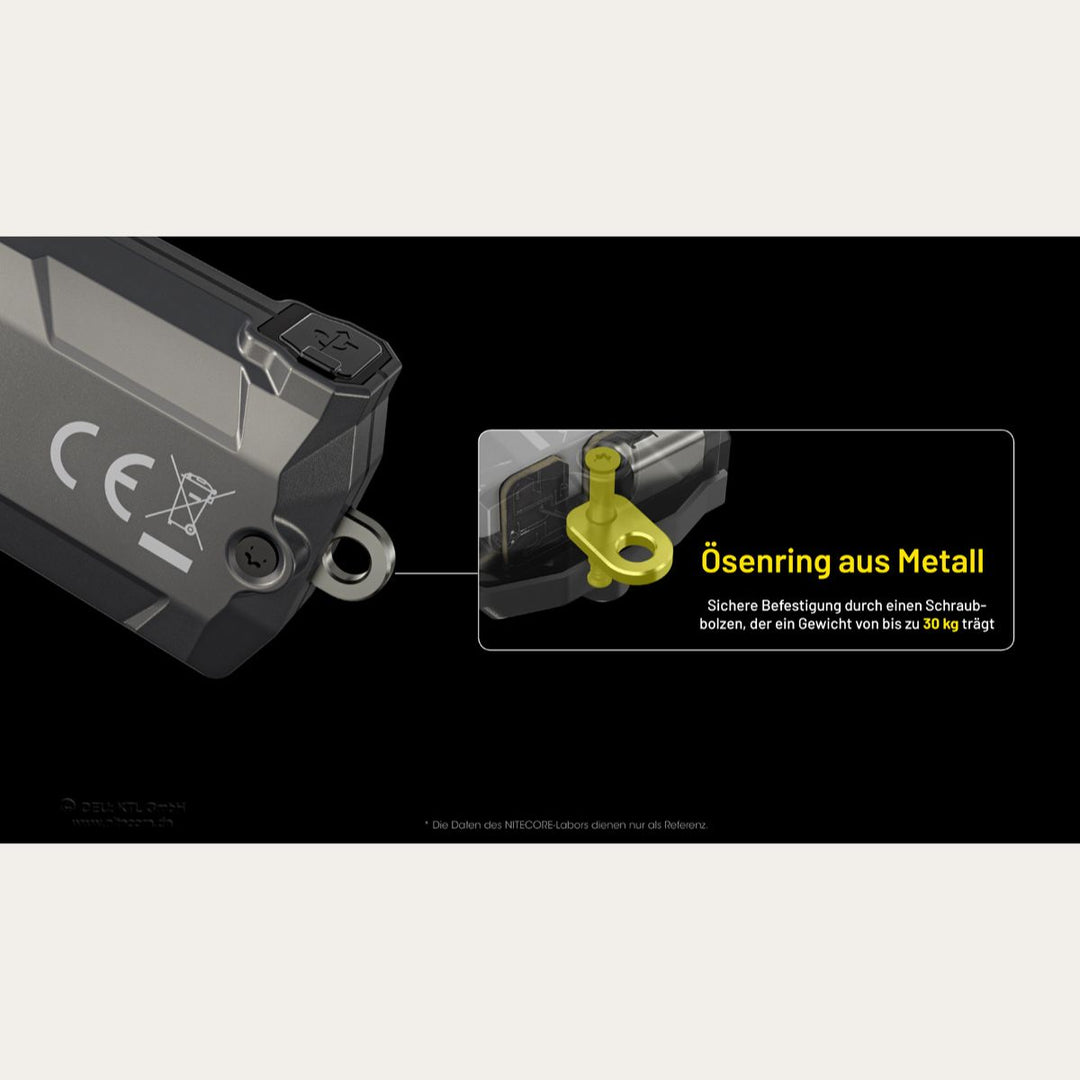 Ultrakleine USB-C Schlüsselanhänger Taschenlampe - 600 Lumen - Tini 3 - Grau