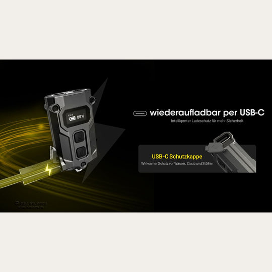 Ultrakleine USB-C Schlüsselanhänger Taschenlampe - 600 Lumen - Tini 3 - Grau