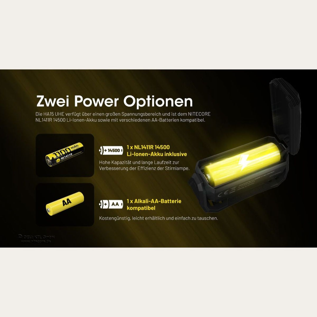 HA15 UHE - Wasserfeste Stirnlampe mit Akku oder Batterie - 400 Lumen