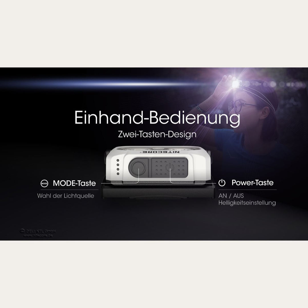 NU21 - Leichte Stirnlampe - 360 Lumen - Artctic Weiss
