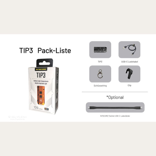 Ultraleichte USB-C Schlüsselanhänger-Taschenlampe - 720 Lumen - Schwarz - TIP3