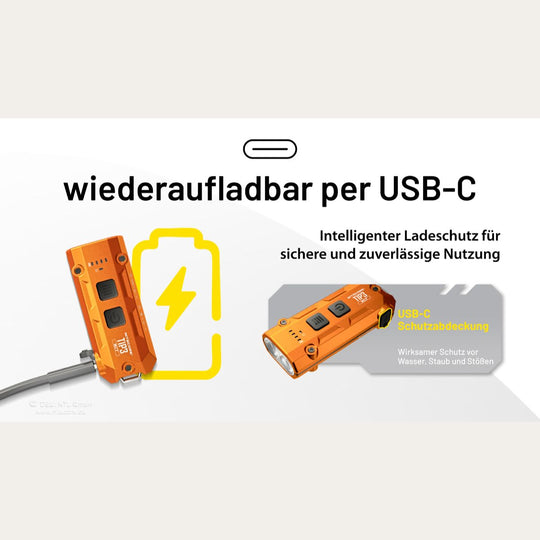 Ultraleichte USB-C Schlüsselanhänger-Taschenlampe - 720 Lumen - Schwarz - TIP3